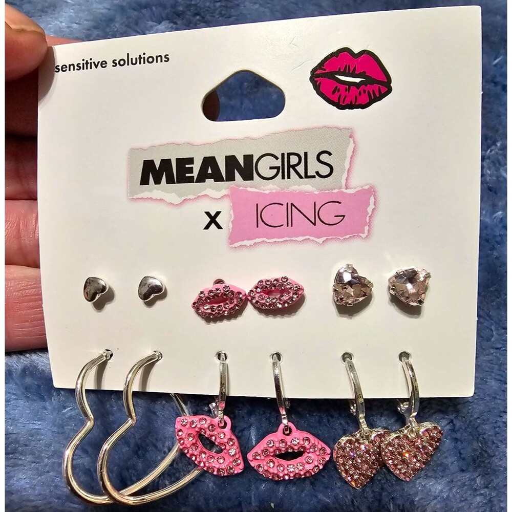 Icing Mean Girls Heart Crystal Stud & Hoop Earring Set Rhinestone Pink Silver